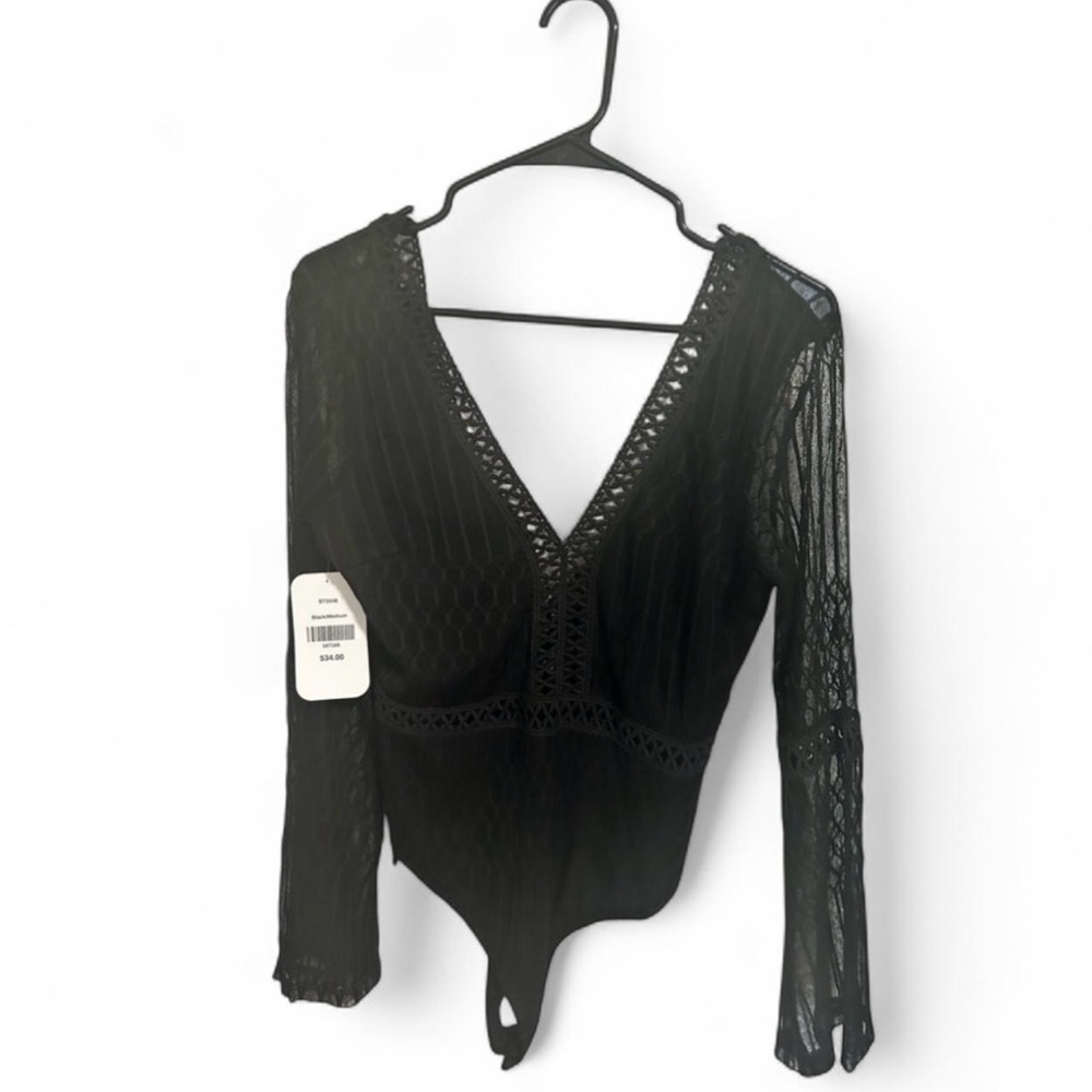 NEW With Tags Dress Up Black Bodysuit - Size Medium - Sheer Long Sleeve Deep V